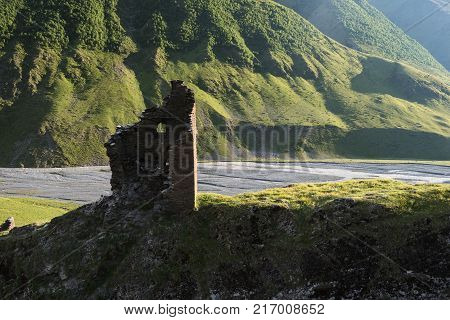 Georgian Defensive Towers In The Mountain Village Omalo At Sunrise. Traditional Architecture In Geor