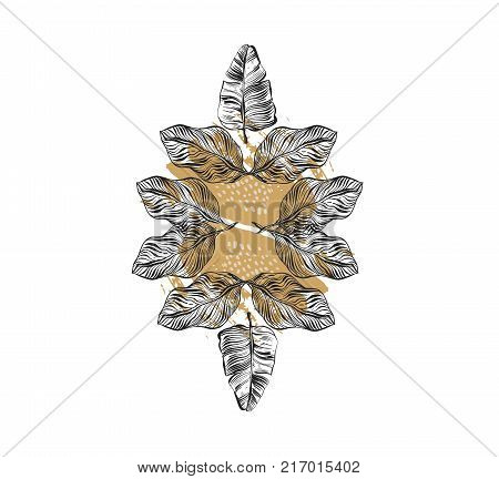Hand drawn vector abstract freehand textured tropical bohemian print collage with organic textures and palm leaves in khaki colors isolated on white background.