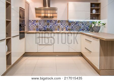 view of cozy modern kitchen interior with furniture