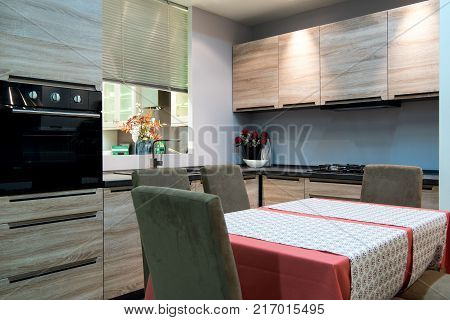 view of cozy modern kitchen interior with furniture