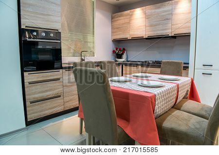 view of cozy modern kitchen interior with furniture