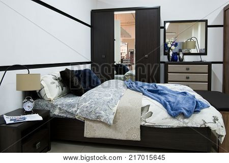 view of Cozy modern bedroom interior with furniture