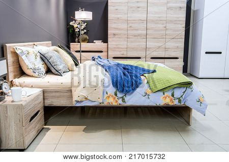 view of Cozy modern bedroom interior with furniture