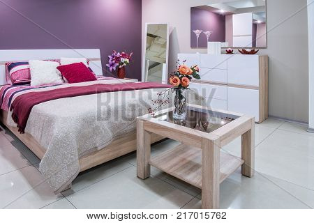 view of Cozy modern bedroom interior with furniture