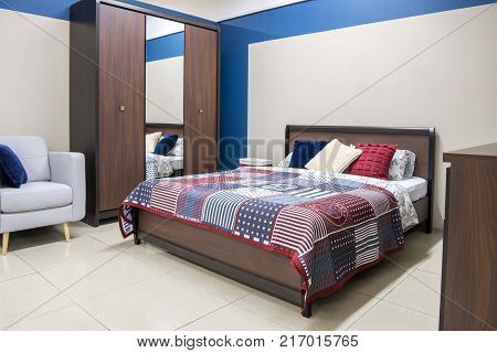 view of Cozy modern bedroom interior with furniture