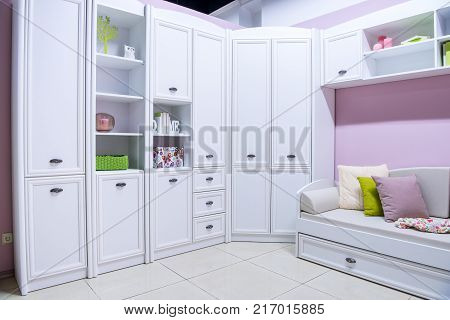 view of Cozy modern bedroom interior with furniture