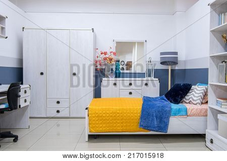 view of Cozy modern bedroom interior with furniture