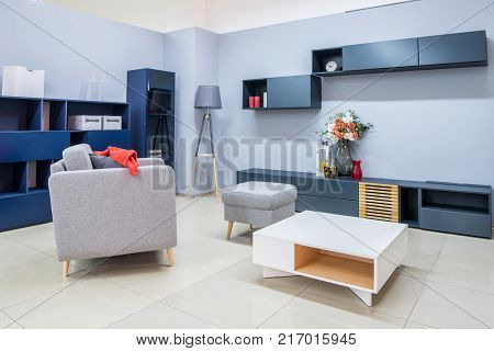 view of Cozy modern bedroom interior with furniture