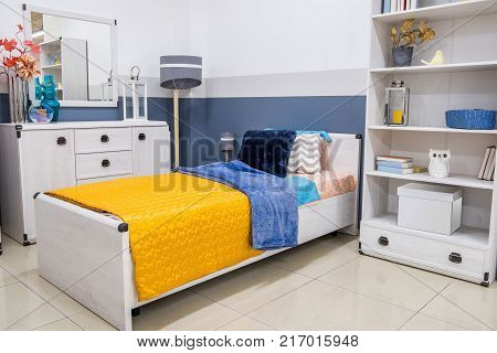 view of Cozy modern bedroom interior with furniture