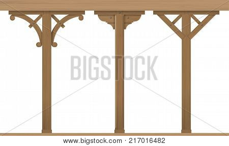 Set of vintage wooden architectural columns for the gazebo or patio. Carpentry. Templates vector graphics