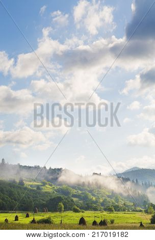 Haystack morning Ukrainian village in the Carpathians