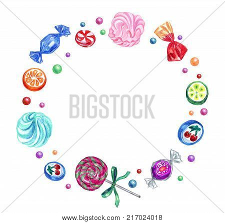 Round frame of sweets, lollipops, marshmallows, sweets, watercolor drawing on white background.