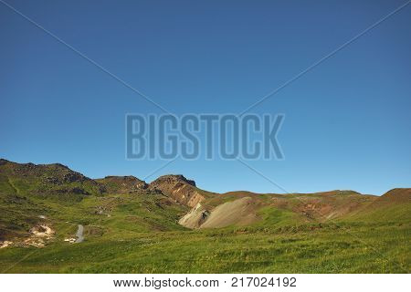 Valley of the river of Hveragerdi Iceland. Hiking Tour of Reykjadalur Hot Springs