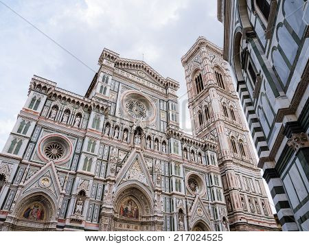 Exterior of the cathedral and campanille of Florence, offically called Basilica of Santa Maria del Fiore