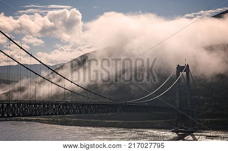 The Kvalsund Bridge is a suspension bridge between the mainland and the island of Kvaloya, Finnmark, Norway.