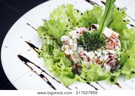 gourmet fusion cuisine seafood and apple celery salad with zesty wasabi mayo