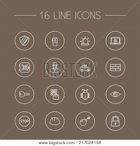 Collection Of Siren, Protection, Open And Other Elements.  Set Of 16 Security Outline Icons Set.