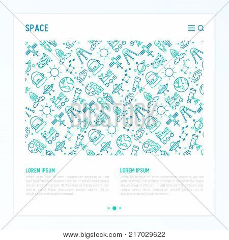 Space concept with thin line icons: rocket, Earth, lunar rover, space station, teelscope, alien, meteorite. Modern vector illustration for banner, print media, web page.