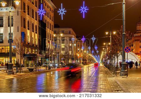 Prospect Gedemin in night lighting in the historic center of the old town. Lithuania. Vilnius.