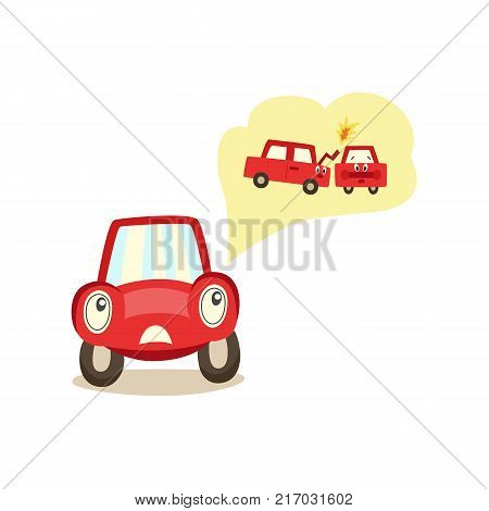 vector cartoon car with eyes worrying about possible crashing with another vehilce thinking about it experessing negative emotion. Isolated illustration on a white background.