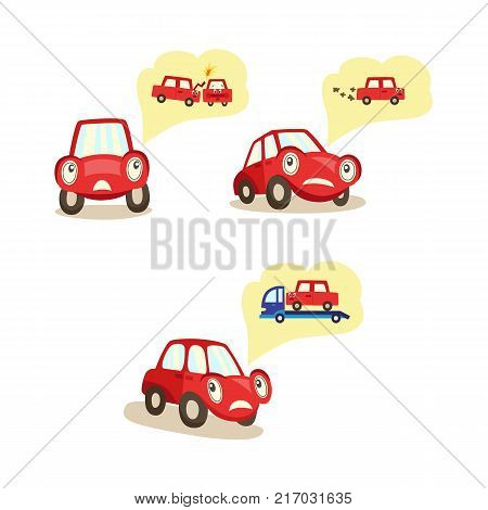 vector car with eyes worrying about possible road accidents set. Crashing with another vehilce, engine breakdown, evacuation thinking about it experessing negative emotion. Isolated illustration