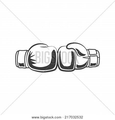 vector boxing two gloves bunching each other black and white monochrome icon. Isolated illustration on a white background. Fighting competition sport symbol.