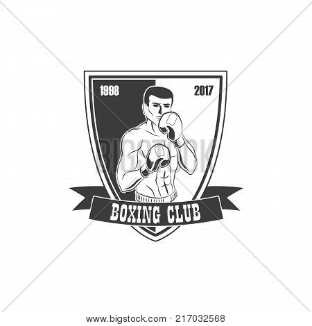 vector boxing club logo, brand icon with muscular strong handsome man bare torso and chest in boxing stand with box gloves black and white. Isolated illustration on a white background.