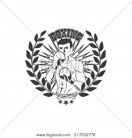 vector boxing club logo, brand icon with muscular strong handsome man bare torso and chest in boxing stand with box gloves black and white with laurel wreath. Isolated illustration on white background