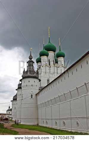 Rostov Russia - 18 July 2017: Towers of the Rostov Kremlin. Built in 1670-1683. View of domes wall and towers