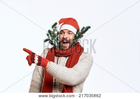 New Year's clothes, man, artificial Christmas tree branches, christmas.