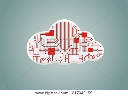 Cloud computing as example for digitilization - vector illustration of cloud with computer processor