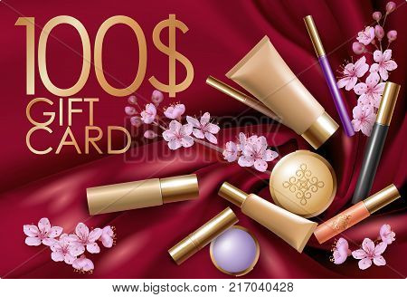 3D realistic Valentine Day gift card template. Present voucher spring flower sakura pink petal golden cosmetic package mock up frame design silk satin dark red textile vector illustration art