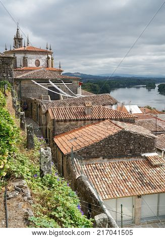 TUI, SPAIN - SEPTEMBER 5, 2017: Over the roofs of Tui with church San Telmo on September 5, 2017 along the Camino de Santiago trail, Spain