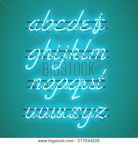 Glowing Blue Neon Script Font with lowercase letters from A to Z with wires, tubes, brackets and holders. Shining and glowing neon effect. Vector illustration.