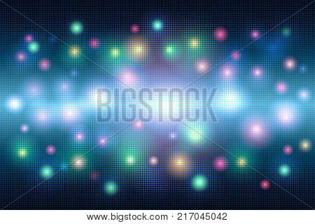 Multicolored bright magic abstract mosaic background of dots with a shining center and a flash of light well-organized layers