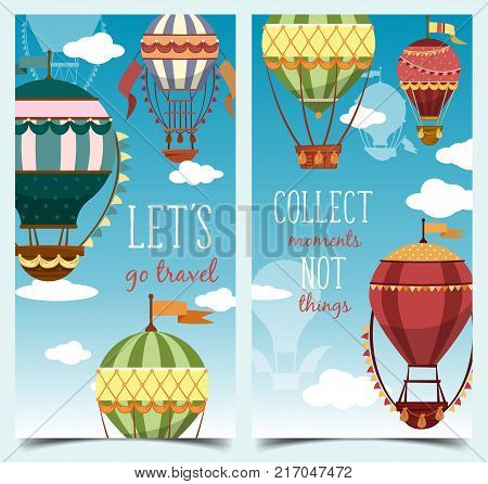 Vertical banner or flyer with hot air balloons for sport event or tourism entertainment event. Airship for journey and holiday leisure adventure, flight activity. Recreation, tourism, ballooning theme