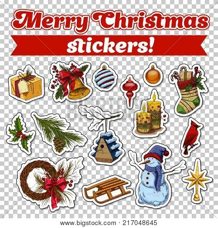 Set of isolated stickers on transparent for glue on 2018 new year and xmas celebration or greetings card. Candy stick and bell, snowman and sock, fir-tree decoration. Winter holiday theme