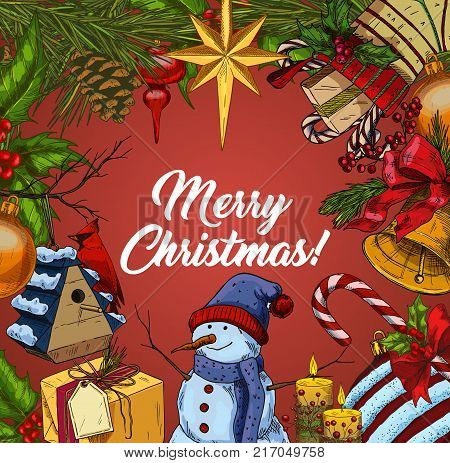 Greeting card for 2018 new year and christmas or xmas, x-mas celebration with candy stick and bell, snowman and bubble or star fir-tree decorations, cone. Winter and christmas theme