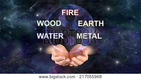 The Five Elements of Traditional Chinese Medicine -  yin yang symbol above a pair of cupped hands and the words FIRE WOOD EARTH WATER METAL against a deep space background