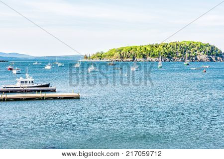 Bar Harbor, Usa - June 8, 2017: Sunset In Bar Harbor, Maine Village With Empty Sailing Boats, Vessel