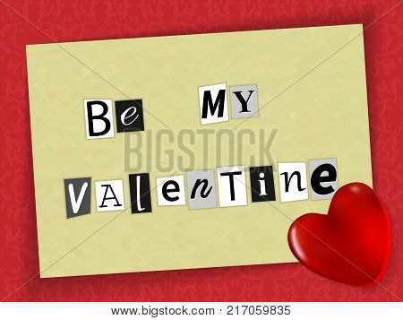 Valentine of newspaper clippings, a magnet in the shape of a heart, on a red background. Vector illustration.
