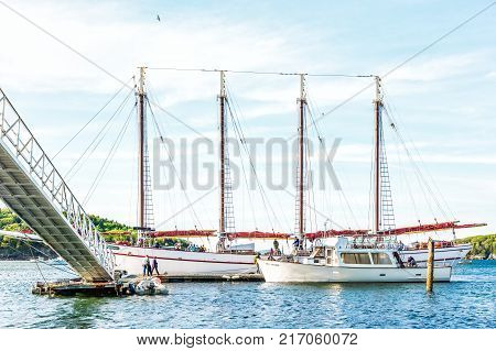 Bar Harbor, Usa - June 8, 2017: Sunset In Bar Harbor, Maine Village With Empty Sailing Boats, Vessel