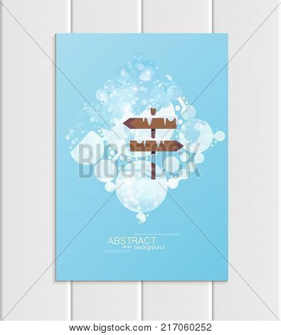 Stock vector brochure A5 or A4 format design Christmas template, abstract circles, winter landscape New Year 2018 with road sign in snow glow full moon night background for printed material