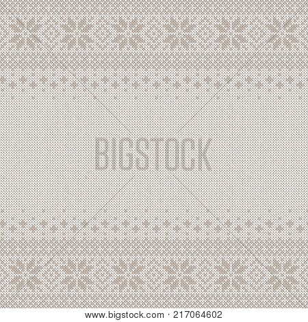 Knitted seamless background with copyspace. White and gray sweater pattern for Christmas or winter design. traditional scandinavian ornament with place for text. Vector illustration.
