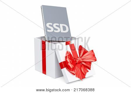 Solid state drive SSD inside gift box gift concept. 3D rendering