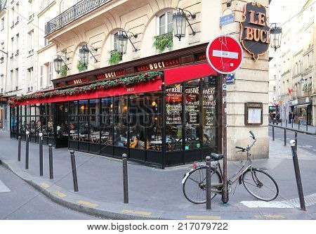Paris, France-November 26, 2017: The traditional French cafe Buci decorated for Christmas located in Saint German district in Paris.