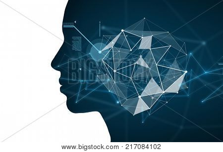 beauty, science, technology and people concept - woman profile with abstract polygonal space with connected dots and lines