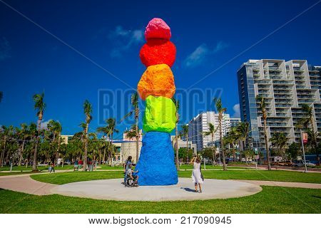 USA, FLORIDA, MIAMI BEACH - DECEMBER 2017: INSTALLATIONS ART BASEL MIAMI IN COLLINS PARK SOUTH BEACH.