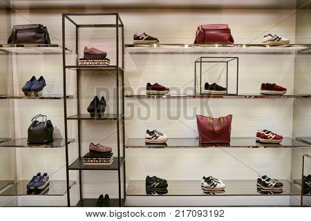 ROME, ITALY - CIRCA NOVEMBER, 2017: Hogan shoes on display at a second flagship store of Rinascente in Rome.