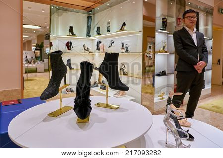 ROME, ITALY - CIRCA NOVEMBER, 2017: Giuseppe Zanotti shoes on display at a second flagship store of Rinascente in Rome.